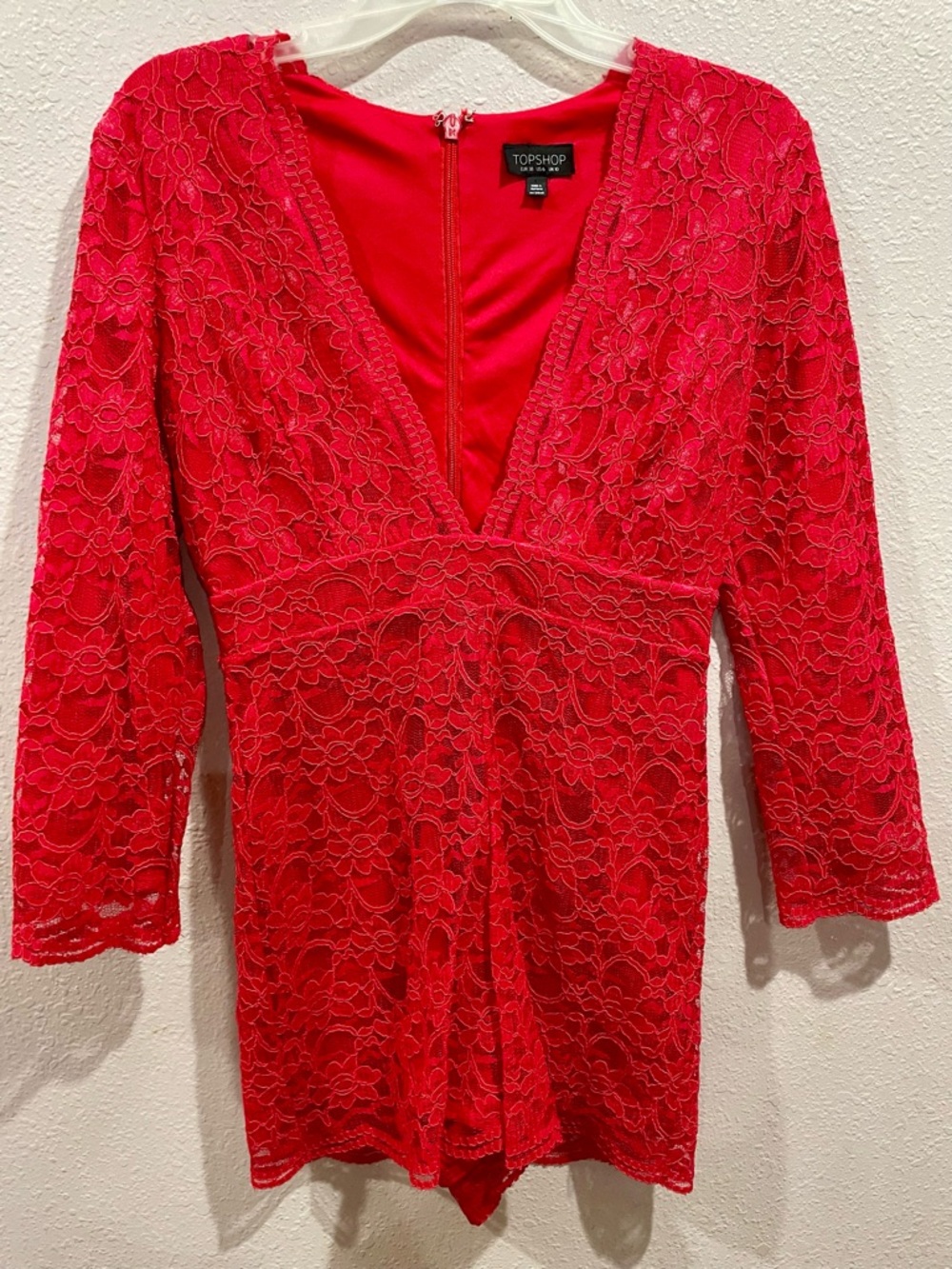 Topshop Red Lace V-Neck Romper with Floral Overlay